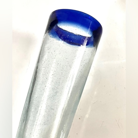 Hand Blown Mexican Cobalt Blue Rim Glassware Beer Pilsner Glass 9.5 in Vase - Picture 3 of 5